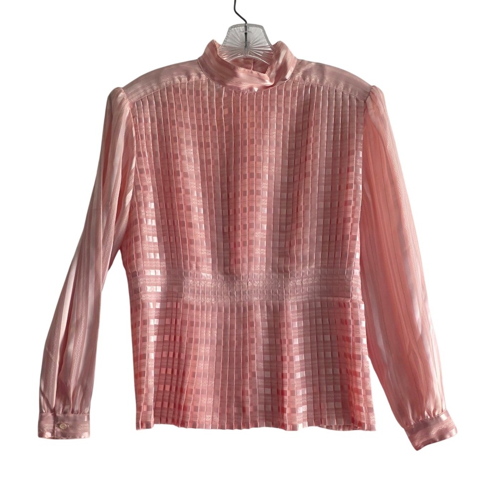 Vintage Petite Illustrations Peach Pink Shiny Satin Blouse 8P Pleats Fitted - Picture 2 of 11